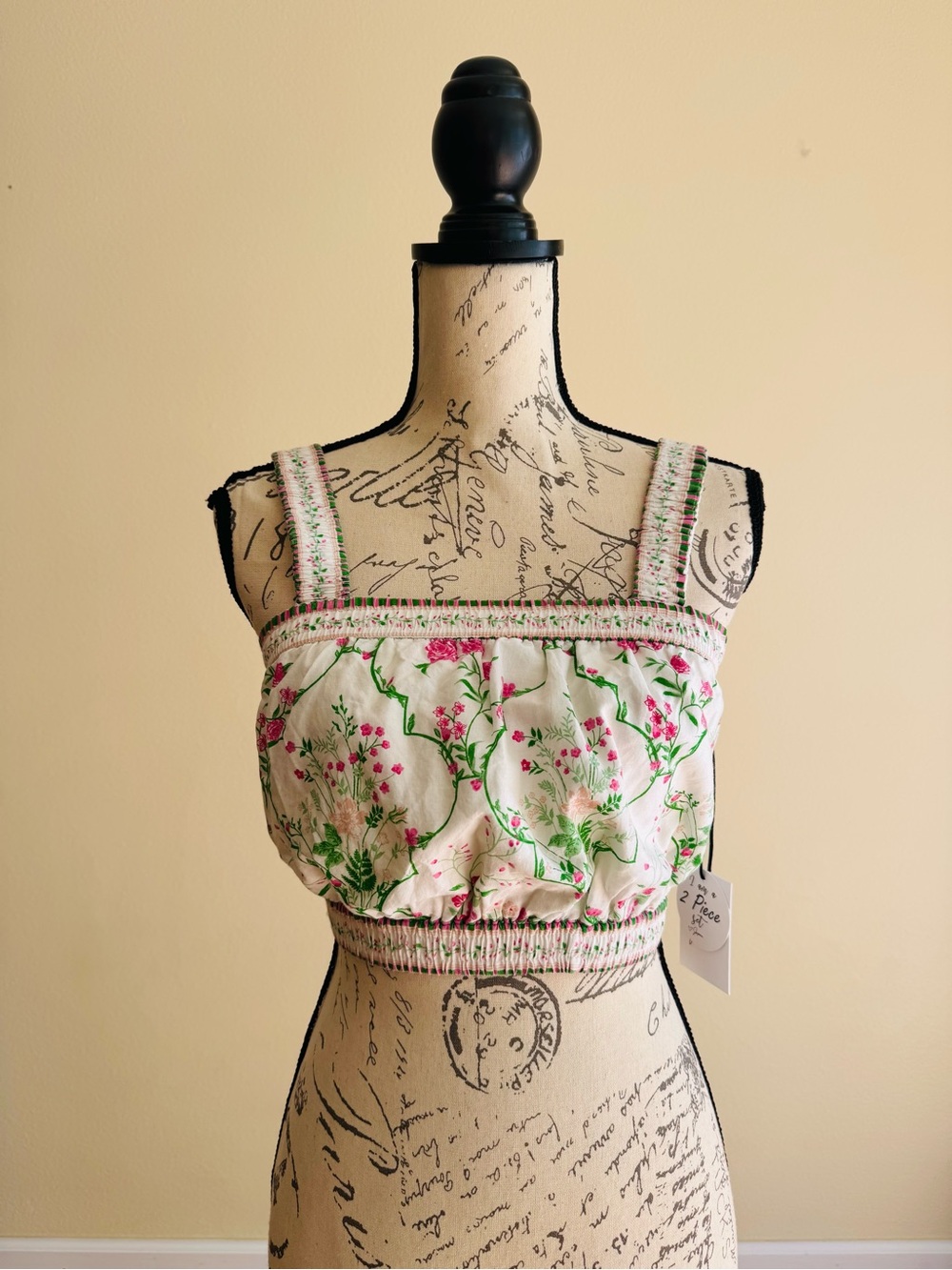Japna White Floral Smocked Crop Top with Pink & Green